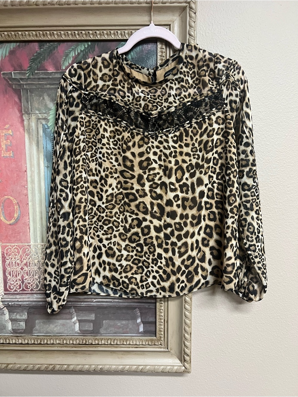 White House Black Market Leopard Print Long-Sleeve Blouse with Lace Trim